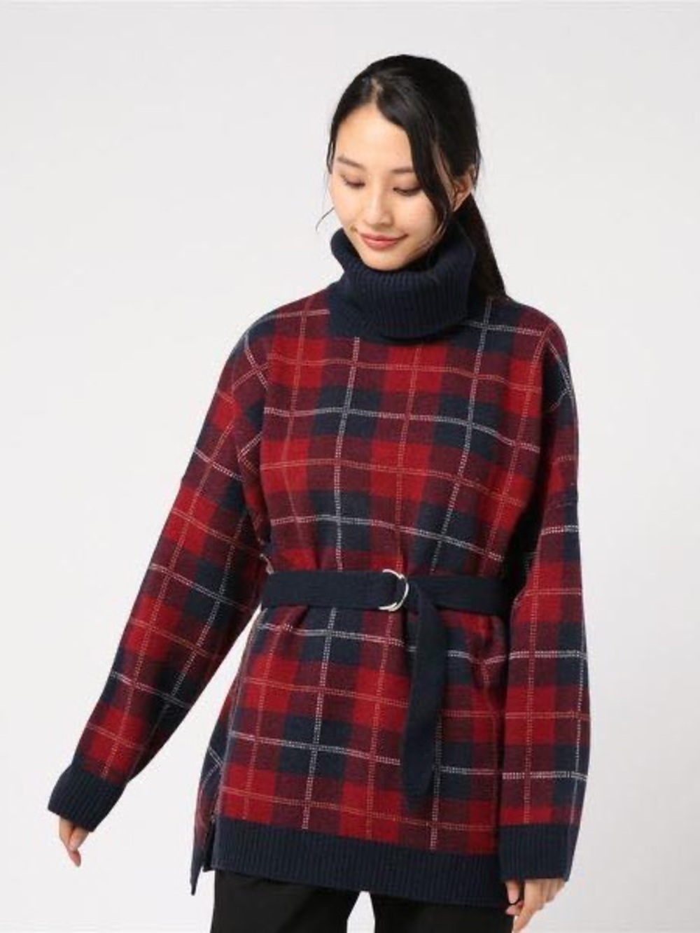 Lacoste Red and Navy Plaid Turtleneck Sweater